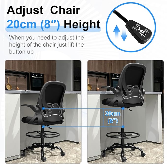 Primy Drafting Chair Tall Office Chair with Flip-up Armrests Executive Ergonomic Computer Standing Desk Chair with Lumbar Support and Adjustable Footrest Ring (Black)