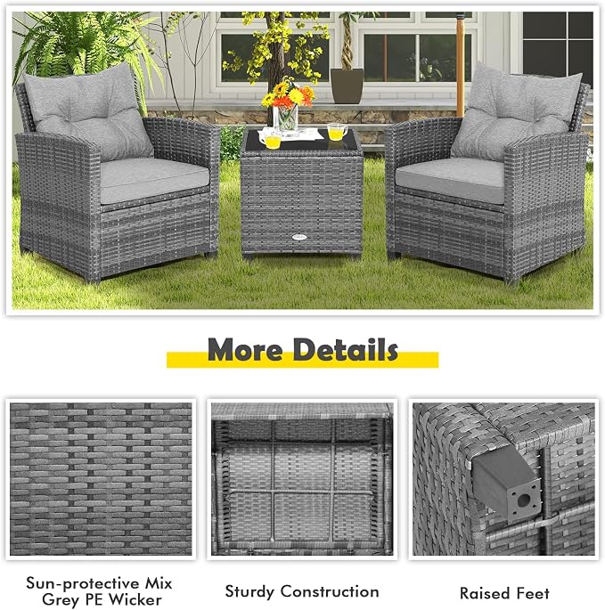 COSTWAY 3-Piece Patio Furniture Set, Outdoor Wicker Rattan Sofa with Cushions, Coffee Table with Tempered Glass, Conversation Sofa Set for Poolside Backyard Balcony (Grey)