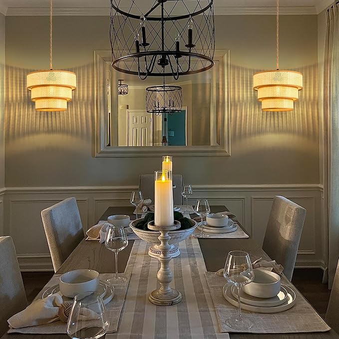 XININSUN Plug in Pendant Light Hanging Lights with15FT Plug in Cord Dimmable Rattan Hanging Lamp Wicker Woven Drum Lampshade,Rustic Boho Plug in Ceiling Light Fixture for Bedroom Living Room-1pack