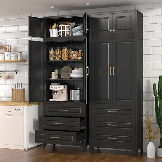 Polup Kitchen Pantry Cabinet, 90" Tall Cabinet with Three Drawers, Metal Food Pantry Cabinet and Shelves, Freestanding Cupboards for Dining, Living Room, Black,16" D x 32" W x 90" H, Assembly Required