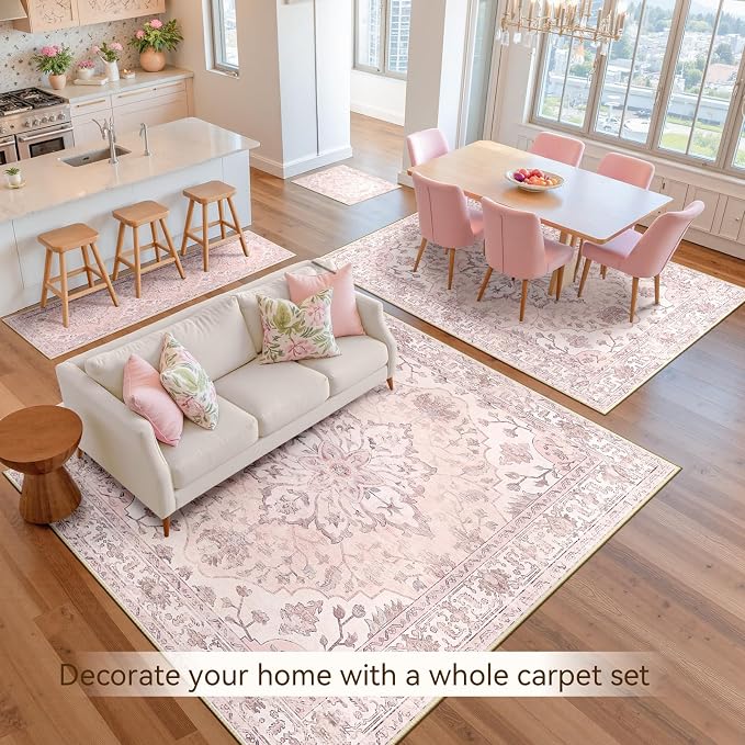 RELEANY Area Rugs Runner 2'x8' Washable Non-Slip, Floral Vintage Distress Medallion Carpet for Kitchen Hallway Bedroom Beside Laundry Room Bathroom, Pink Greypink Cute