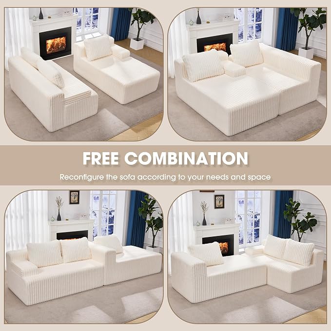 Hobestluk Boneless Couch Modular Sectional SofaL-Shape Cloud Couch Lounge | 96" Right Facing Chaise White,Memory Foam,Removable Cover,Non-slip Bottom,No Assemble Required,Furniture for Small Home