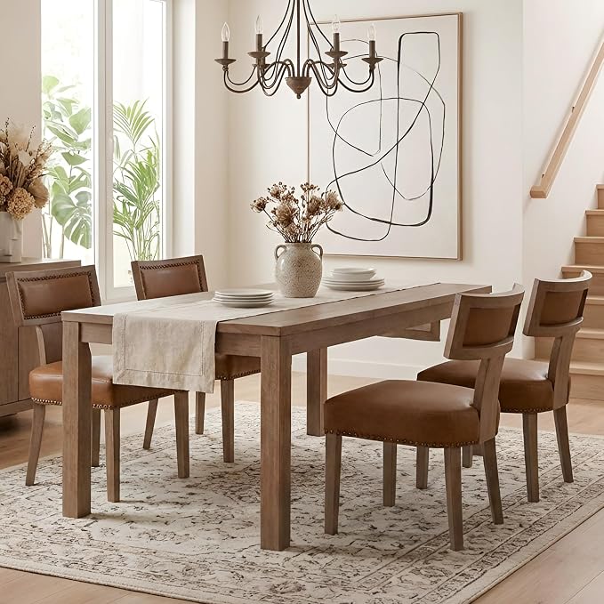 HNY Mid Century Modern Dining Chairs Set of 4, Farmhouse PU Leather Upholstered Accent Chairs Curved Nailhead Trim Backrest Kitchen Chairs, with Hardwood Frame, Brown