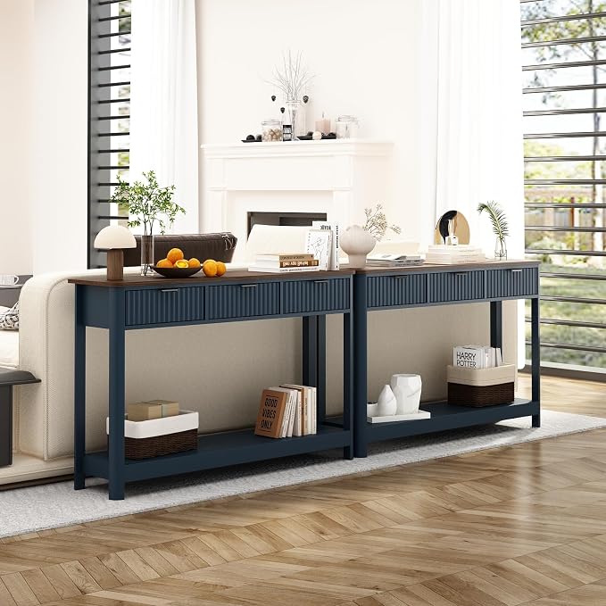RUSTOWN Fluted Wood Console Table with 3 Drawers, 47.2" Modern Farmhouse Sofa Table & Entryway Table with Open Storage Shelf, Narrow Hallway Table for Living Room, Foyer and Hallway (Navy Blue)