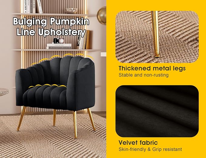 Dewhut Oversized Pumpkin Couch Accent Chair, Modern Comfy Velvet Upholstered Barrel Chairs, Luxury Single Sofa Armchair for Living Room, Waiting Room, Office and Vanity, (Black)