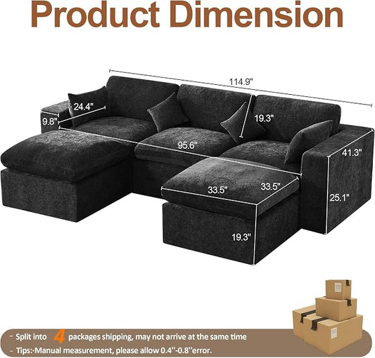 115'' Cloud Boneless Sectional Couch, Modular Sectional Sofa Deep Seat with 2 Ottomans, Oversized Upholstered Convertible Comfy 5 Seater Chenille Sofa U Shape Couches for Living Room, Dark