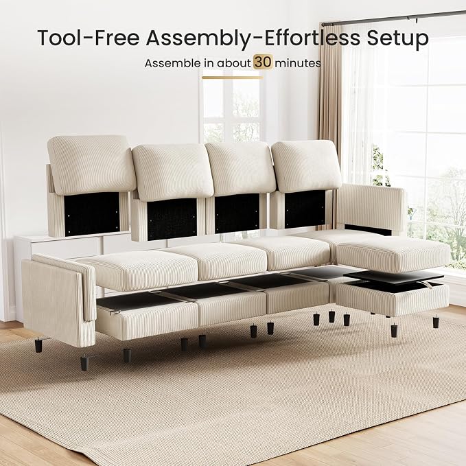 KKL Modular Sectional Sofa Bed with Storage Ottoman, Convertible L/U-Shaped Sleeper Couch for Living Room, Modern Reversible Design(Beige,5 Seater L Shape)