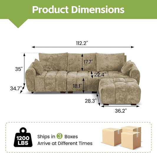 112" L Shaped Modular Sectional Sofa, Brown Chenille Cloud Couch, Modern Upholstered 4 Seater Couch with Removable Ottoman, Tufted Deep Seat & Wood Legs, Sectional Couches for Living Room Apartment