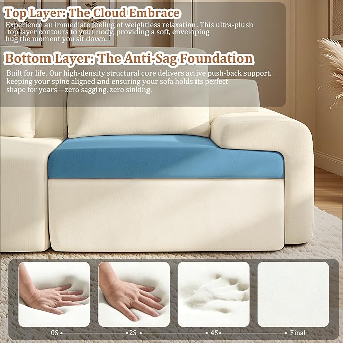 159" Oversized Boneless Couch, Comfort Cloud Sectional Couches for Living Room, Modular Sofa High Back & Extra Deep Seat, No Assembly, Soft Chenille Fabric (Warm White, 159 inch-(4+0))
