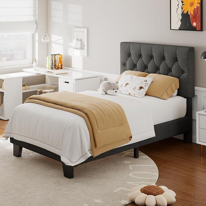 Feonase Twin Platform Bed Frame with Button Tufted Headboard, Upholstered Linen Bed with Wooden Slats Support, No Box Spring Needed, Noise-Free, Easy Assembly, Dark Grey