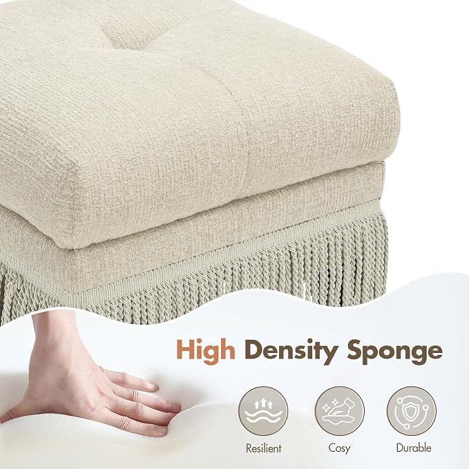 Hyfirm 22 Inch Square Beige Ottoman with Fringe for Living Room, Plush Modern Boho Upholstered Accent Pouf Ottomans Foot Rest for Bedroom, Footstool Ottoman End of Bed