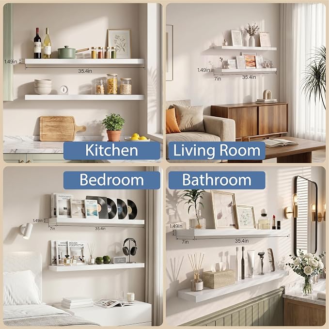 Floating Shelves for Wall, Bathroom Shelves Over Toilet, Wall Shelves & Book Shelf for Room, Hanging Shelf, Modern Wooden Mounted Floating Shelves, 36x7x1.5 in (White, Set of 2)
