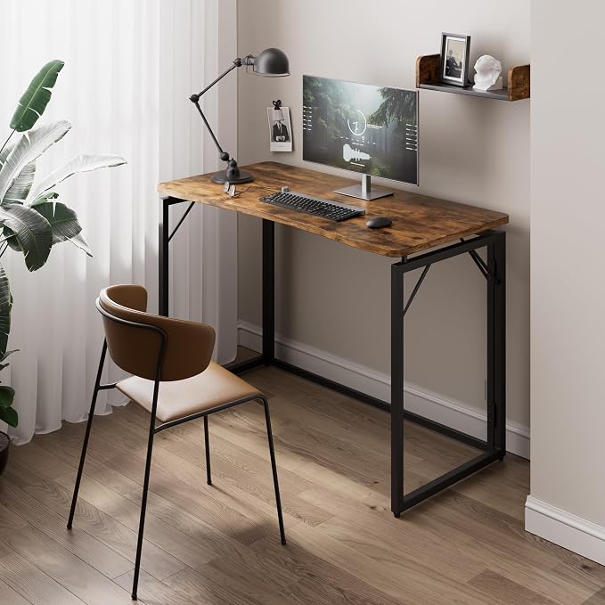 JOYMOOP Folding Desk Rustic Brown - 40", No Assembly Foldable Desk for Home, Office - Middle Size, Wooden Top Folding Computer Desk for Working, Writing, Studying