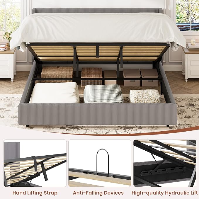 Garvee King Lift Up Storage Bed Frame, Corduroy Upholstered Platform Bed with Gas Lift, Padded Headboard, Wooden Slat Support, No Box Spring Needed, Easy Assembly, Taupe Grey