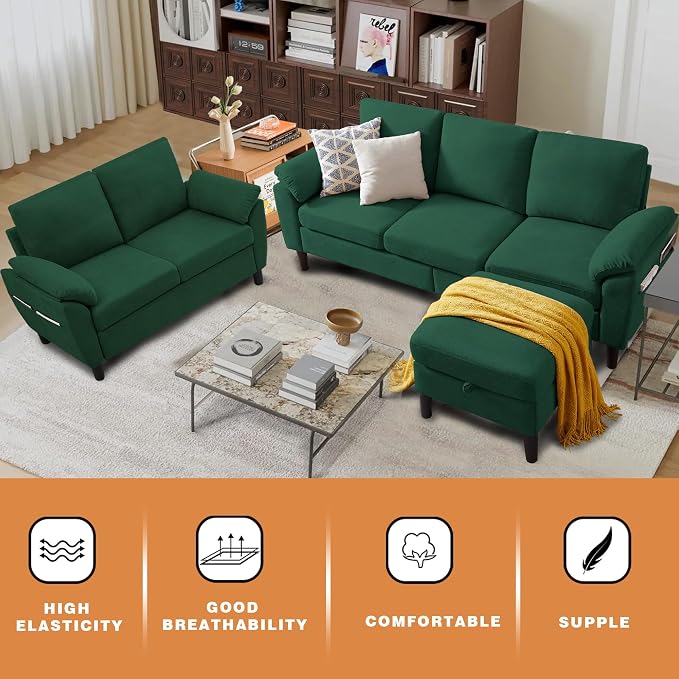 80" Convertible Sectional Sofa Set, Modern Linen Small L Shaped Couch with Reversible Chaise and Loveseat Sofa, 3-Seat Sofa Couches for Living Room, Office, Apartment, Green