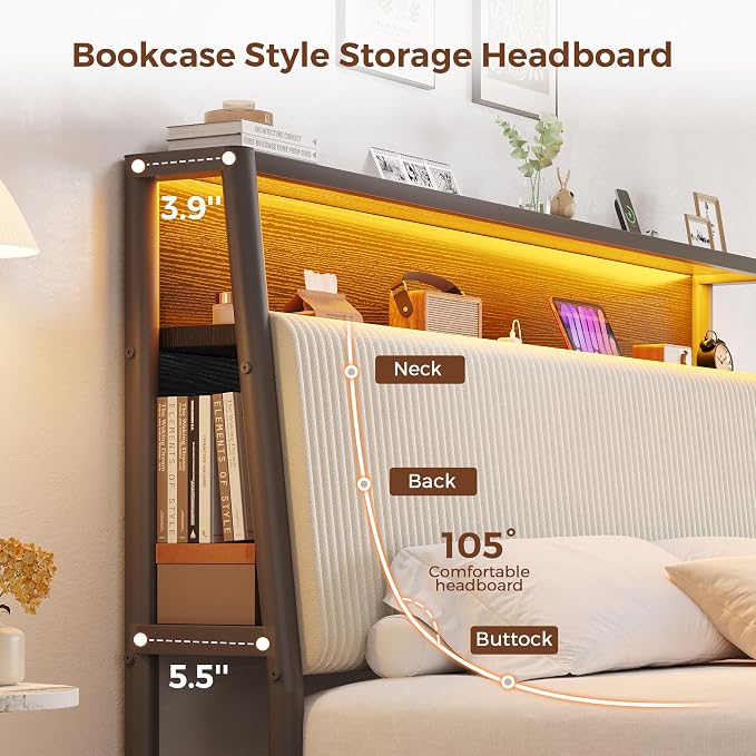 Upholstered Full LED Bed Frame with 2 Storage Drawers and Charging Station, Corduroy Platform Bed with 3-Tier Storage Bookcase Headboard, Heavy Duty Metal Support, No Box Spring Needed - Beige
