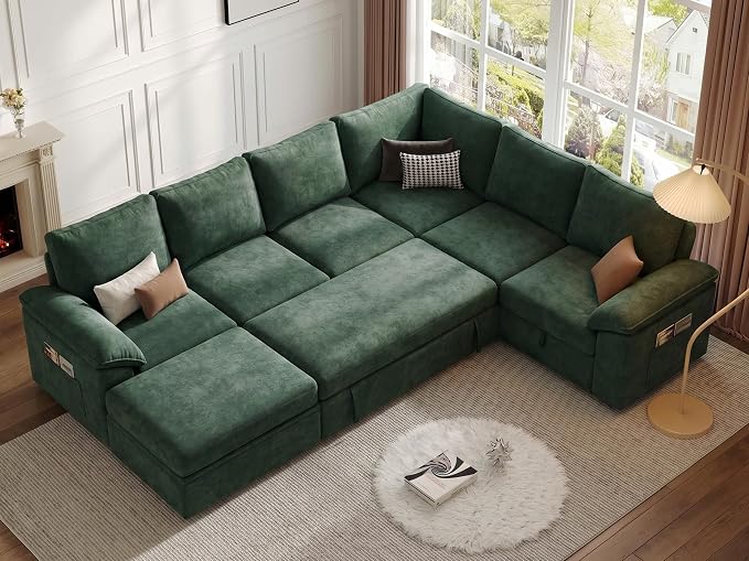 108 Inch Modular Sectional Sofa with Pull Out Bed,U Shaped 7 Seat Sectional Sleeper Sofa with Storage,Sectional Couches for Living Room,Cloud Modular Couch,Removable Sofa Cover,Green