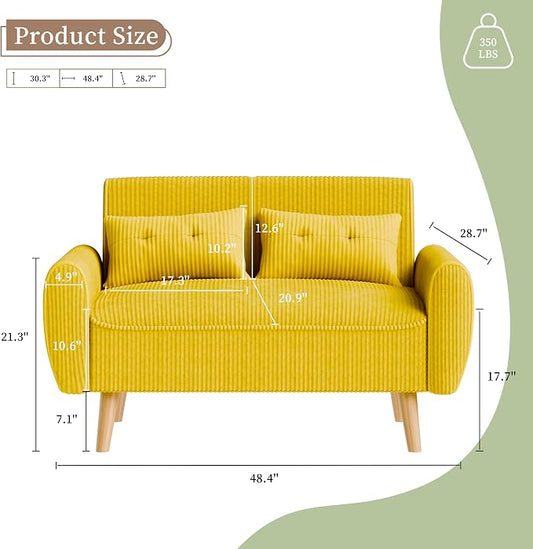 Vongrasig 48" Small Modern Loveseat Sofa, Mid Century Soft Corduroy Fabric 2-Seat Sofa Couch Tufted Love Seat with Back Cushions and Tapered Legs for Living Room, Bedroom and Small Space (Yellow)