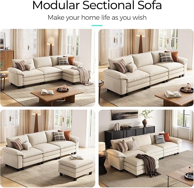 LINSY HOME 123'' Modular Sectional Sofa 3 Seat Couch Corduroy Cloud Couch with Deep Seat, Modern L-Shaped Cloud Couch with 1 Movable Ottoman for Living Room, Office, Bedroom, Beige