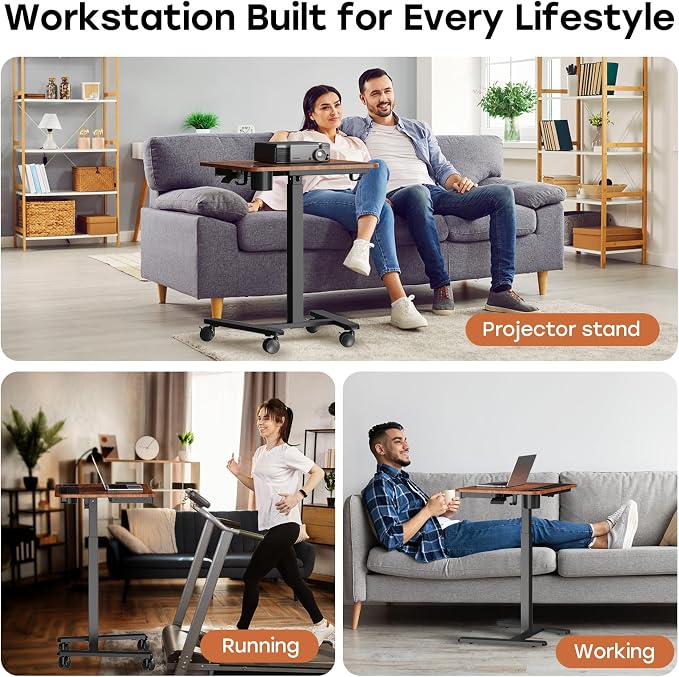 Small Mobile Standing Desk with Drawer, 23.6"x19.7" Rolling Laptop Cart on Wheels, Height Adjustable Sit Stand Computer Workstation with Storage for Compact Space, Dark Wood