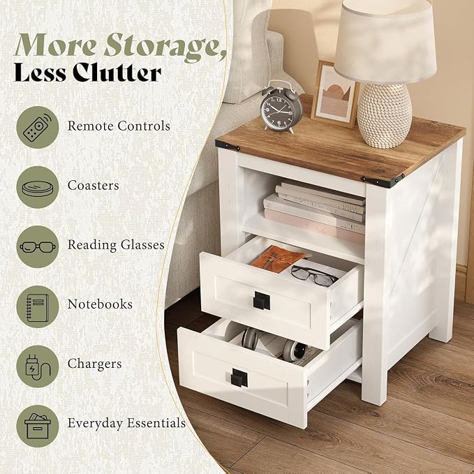 AMERLIFE 3-piece Farmhouse Bedroom Furniture Set, Includes 1 King LED Platform Bed Frame with Bookcase Storage Headboard, Footboard & Charging Station, and 2 Nightstands with Drawers, Distressed White