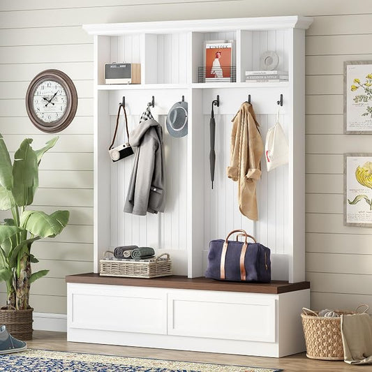 55.9" W Hall Tree with Bench and Shoe Storage,Shoe and Coat Rack with Drawer and Hooks,Farmhouse Furniture for Entryway,Mudroom,Living Room,White