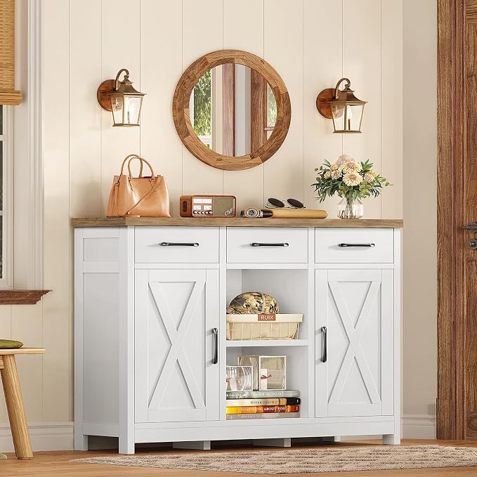 TEENFON Storage Cabinet, Coffee Bar Cabinet with 3 Drawers, 2 Adjustable Shelves & 2 Doors, Buffet Cabinet, Kitchen Cabinet for Kitchen, Dining Room, Living Room, White