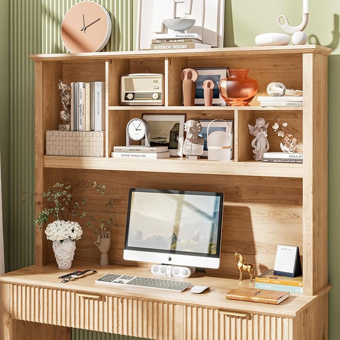 Vabches Fluted Executive Desk with Drawers, Wood Computer Desk with Ample File Drawer, Home Office Desk with Hutch for Study, Bedroom, Living Room, Oak