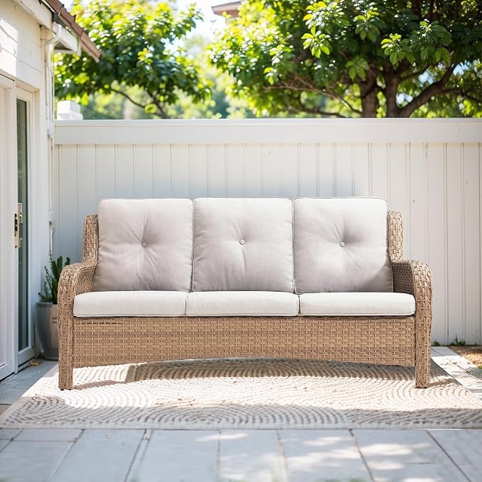 Outdoor Couch All Weather PE Wicker Patio Sofa Outdoor Sofa Deep Seating for Porch Deck Backyard-Yellow Wicker/Beige