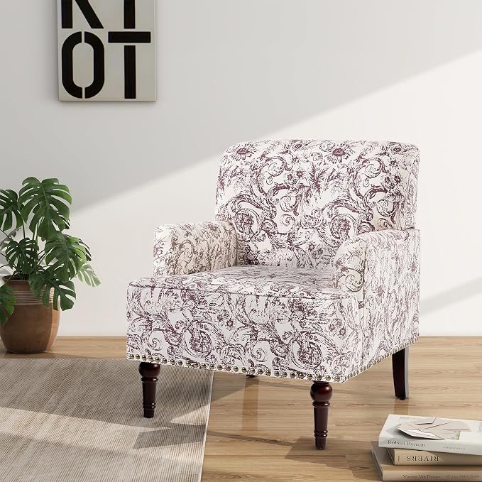 Accent Chair, Mid Century Modern Comfy Armchair for Living Room, Linen Fabric Single Sofa Lounge for Reading Bedroom Apartment Waiting Room with Wood Legs (Rococo Plum, Set of 2)