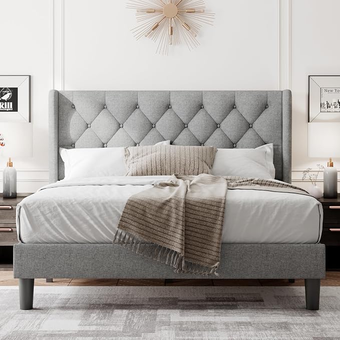 Feonase Queen Bed Frame with Upholstered Wingback Headboard, Platform Bed and Heavy Duty Wooden Slats Support, Easy Assembly, Noise-Free, No Box Spring Needed, Light Gray
