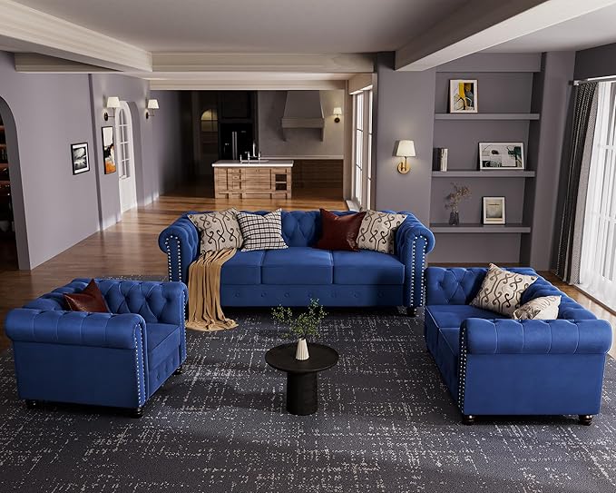 Morden Fort Classic Chesterfield Loveseat Set 60'', Tufted Loveseat Sofa Set with Solid Wood Legs Thick Cushion, Pet-Friendly 2-Seater Sofa Couch for Living Room Bedroom Apartment - Velvet Blue