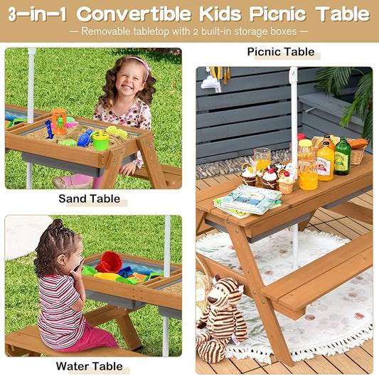 Costzon Kids Picnic Table with Sensory Bins, 4 in 1 Sand and Water Table with Height Adjustable Umbrella, Removable Tabletop for Outdoor Backyard Patio Play