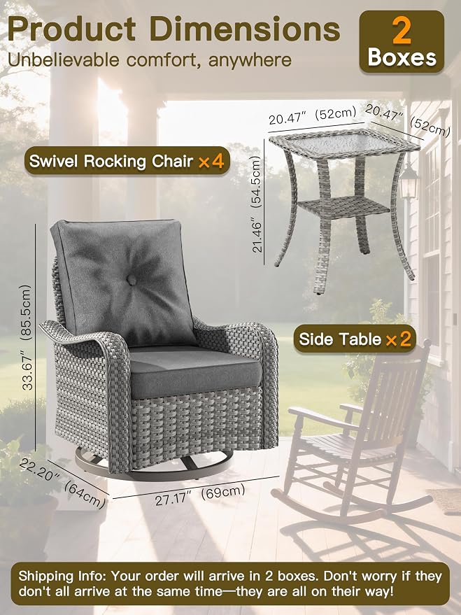 6-Piece Patio Furniture Set, Outdoor Swivel Rocking Chairs with 4" Thick Cushions & Side Table, All-Weather PE Rattan & Rust-Resistant Steel Frame Conversation Set for Porch, Garden, Charcoal Gray