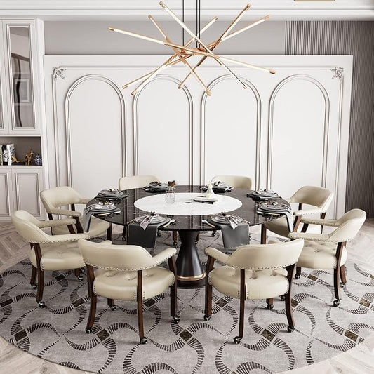 LEEMTORIG Set of 8 Large Dining Chairs with Casters and Arms, Rolling Dining Chairs with Wheels Game Chairs, Wood Boss Caption's Chair, 26"D x 25.2"W x 31.5"H, Espresso Legs & Beige PU, XXY-1910-BG