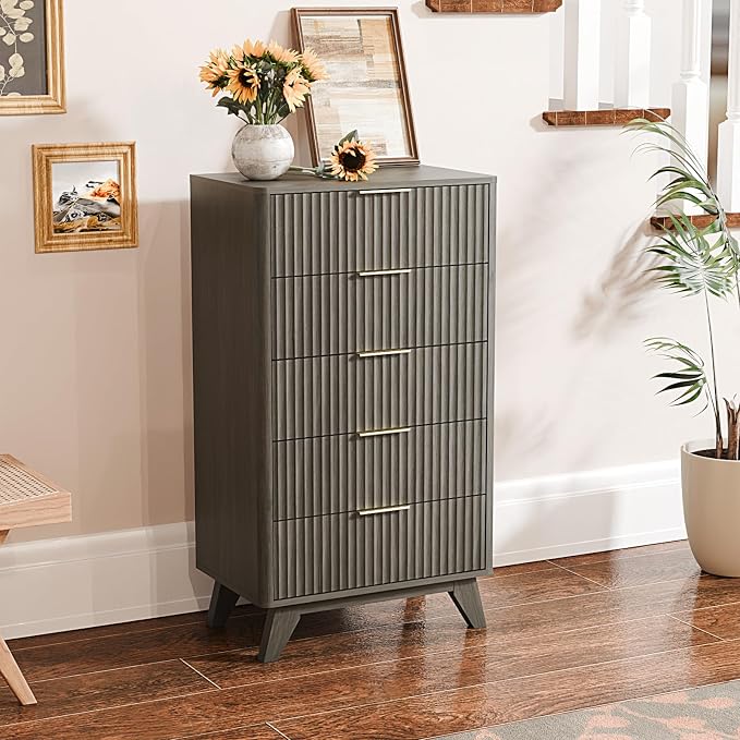 VINGLI Fluted Tall Dresser 5 Drawer, 23.66" W Chest of Drawers Gray Wood Dresser with Rounded Edges, Grey Dressers for Bedroom, 23.66" W*15.6" D*44.88" H