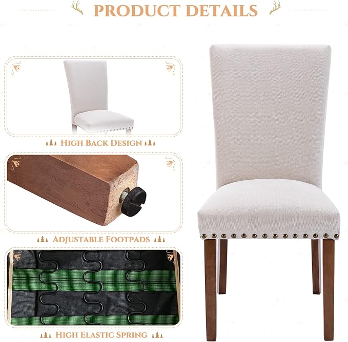 Upholstered Fabric Dining Chairs Set of 2, Parsons Dining Room Kitchen Side Chair with Nailhead Trim and Wood Legs - Beige