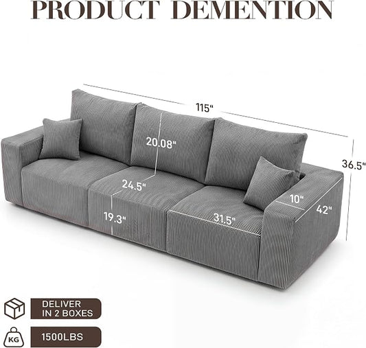 Modular Sectional Sofa, 115" Memory Foam Cloud 3-Seater Boneless Couch, Cozy Upholstered Corduroy Frameless Sofa, No Assembly Required Extra Wide Seating for Living Room & Apartment, Grey