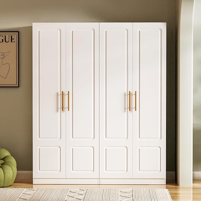 Double Door White Armoire with Hanging Rod – 71" H x 31" W x 19" D, Modern Freestanding Wardrobe Closet for Bedroom, Sturdy Metal Handles