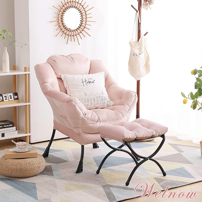 Welnow Lazy Chair with Ottoman, Modern Accent Chair with Armrests and a Side Pocket, Leisure Sofa Armchair, Reading Armchair with Footrest for Small Space, Pink