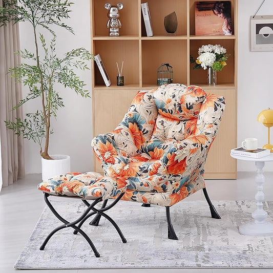 Welnow Lazy Chair with Ottoman, Modern Accent Chair with Armrests and a Side Pocket, Leisure Sofa Armchair Set, Reading Armchair with Footrest for Small Space, Orange Blue