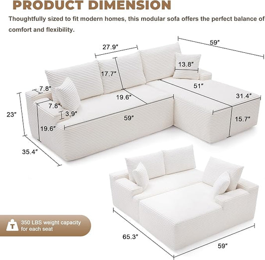 Mangodan Cloud Sectional Sofa, Boneless Couch for Living Room, Modular Sectional Sofa with Deep Seat, Fluffy L-Shaped Comfy Couch with Right-Facing Chaise, No Assembly Required, Beige