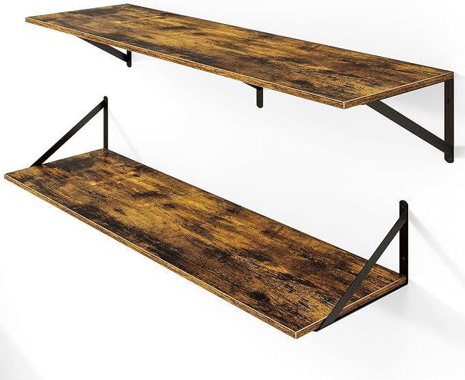 Heimlove Deep Floating Shelves for Wall, 40W x 12D Wood Wall Shelves Set of 2, Wide Floating Bookshelf for Living Room, Kitchen, Office, Bedroom and Decor Storage, with Metal Bracket - Rustic Brown