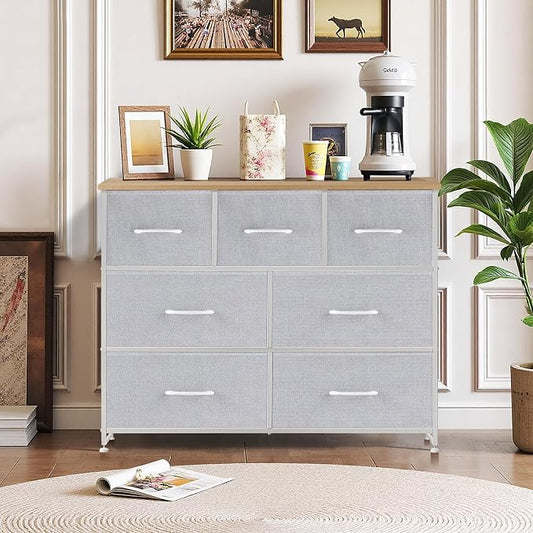 7-Drawer Dresser for Bedroom, Anti-Tip Wide Storage Organizer Fabric Chest of Drawers TV Stand for 45" TV with Wooden Top and Metal Frame for Closet, Living Room, Hallway, Entryway, Light Gray