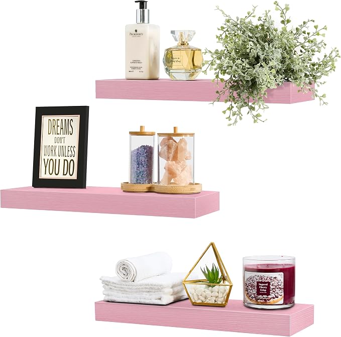 Sorbus Floating Shelves for Wall – 16 Inch Floating Shelf for Kitchen, Bedroom, Living Room, Bathroom, Home & Wall Decor - Mounted Bathroom Shelves with Invisible Brackets (Soft Pink, 4 Pack)
