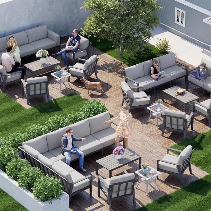 KISLOT Aluminum Outdoor Patio Furniture Set with Coffee Table,5 Seater Patio Conversation Sets with Washable Thick Cushions,Outdoor Sectional Furniture Set for Poolside, Balcony,Gray Aluminum Frame