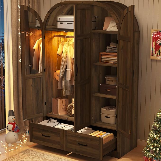 Squireewo 3 Doors Armoire Wardrobe Closet with Mirror and Lights, 71" Farmhouse Arched Wooden Wardrobe Cabinet with 2 Drawers,Hanging Rod, Clothing Storage Closet Cabinet for Bedroom,Light Rustic Oak