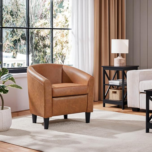 Topeakmart Accent Chair, PU Leather Modern Barrel Chair Club Armchair with Soft Padded for Living Room Bedroom, Brown