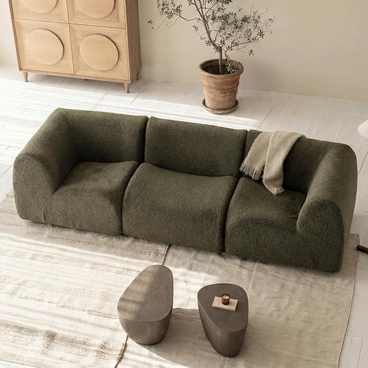 34" Curved Single Sofa Chair, Foam Boneless Sherpa Couch with Deep Seat, Comfy Teddy Sofas for Living Room, Bedroom, Apartment, Modern Sectional Modular Couches – No Assembly, Green