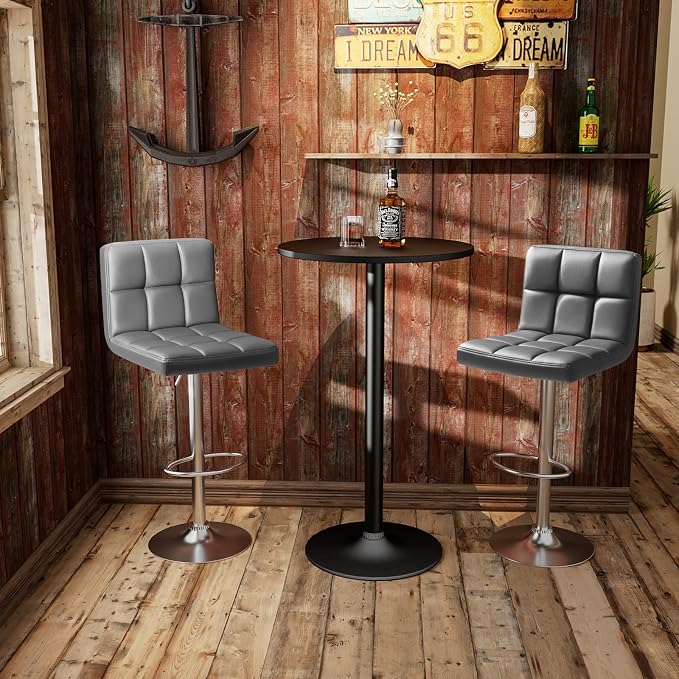 Homall Bar Stools Modern PU Leather Adjustable Swivel Barstools, Armless Hydraulic Kitchen Counter Bar Stool Extra Height Square Island Barstool with Back Set of 2 (Leather, Deep Gray)